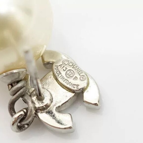 CHANEL CC Logos Rhinestone Pearl Drop Stud Earrings Silver Tone A13P Auth - Picture 4 of 6